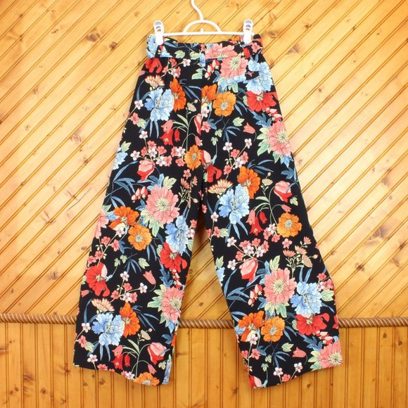 Zara Basic Wide Leg Floral Capris Small Belted Black Blue Orange Pink Boho D114 - Picture 4 of 6